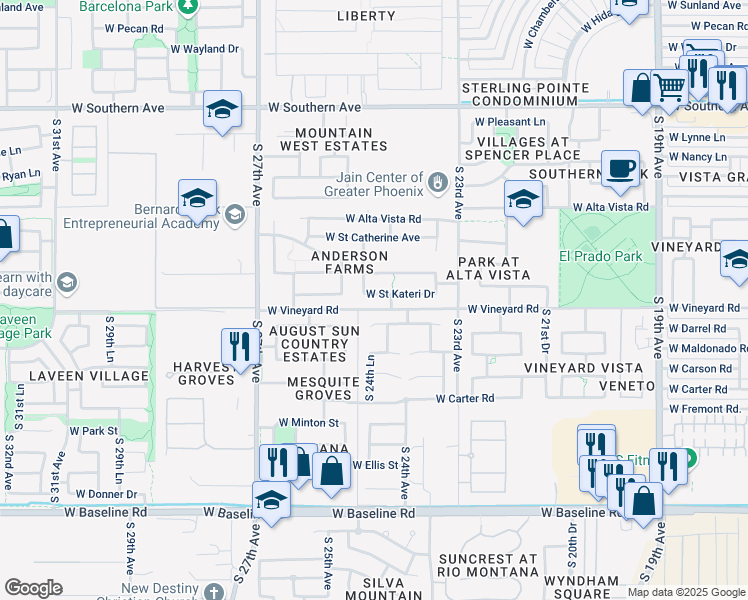 map of restaurants, bars, coffee shops, grocery stores, and more near 2417 West Saint Kateri Drive in Phoenix