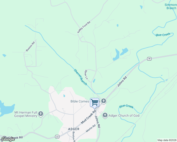 map of restaurants, bars, coffee shops, grocery stores, and more near 7220 Silver Lane in Adger