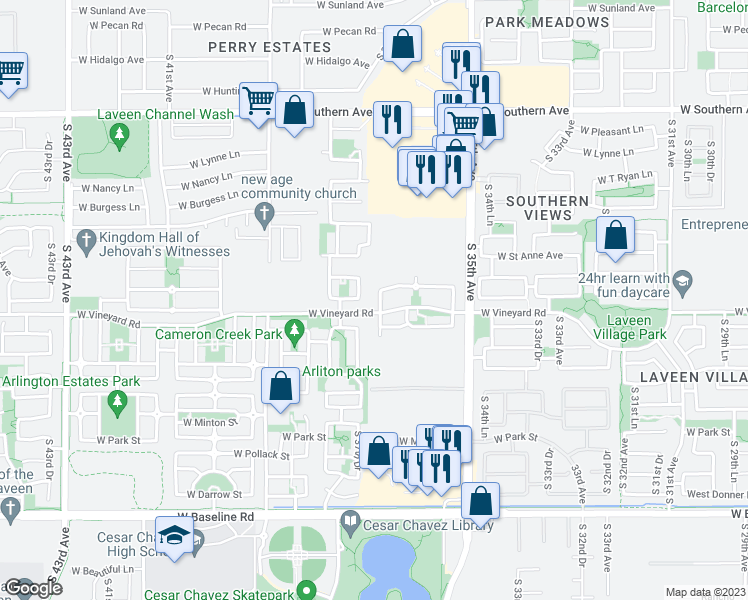 map of restaurants, bars, coffee shops, grocery stores, and more near 6724 South 36th Lane in Phoenix