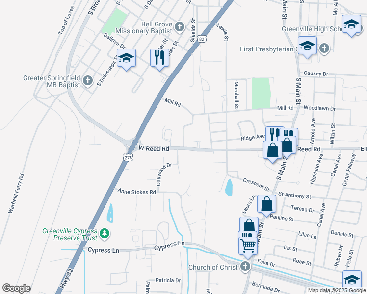 map of restaurants, bars, coffee shops, grocery stores, and more near 365 West Reed Road in Greenville