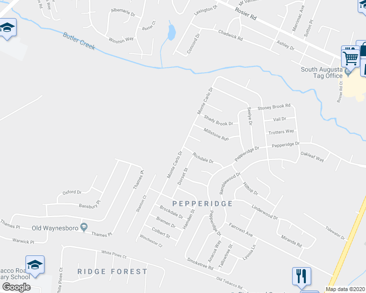 map of restaurants, bars, coffee shops, grocery stores, and more near Monte Carlo Drive in Augusta