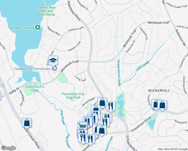 map of restaurants, bars, coffee shops, grocery stores, and more near 508 South Peachtree Parkway in Peachtree City