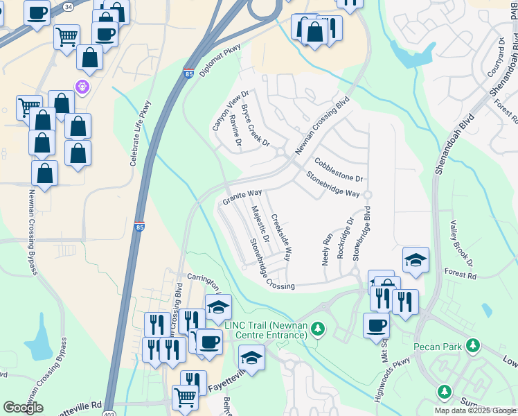 map of restaurants, bars, coffee shops, grocery stores, and more near 108 Majestic Drive in Newnan