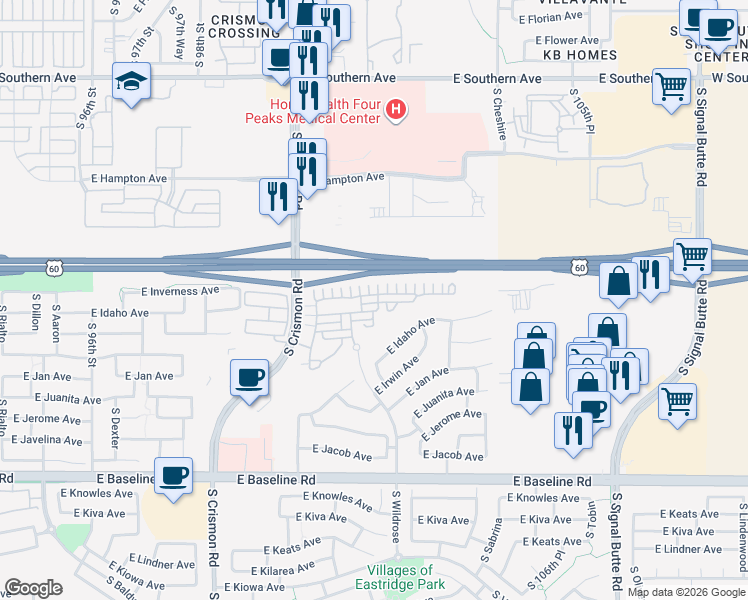 map of restaurants, bars, coffee shops, grocery stores, and more near 10139 East Isleta Avenue in Mesa
