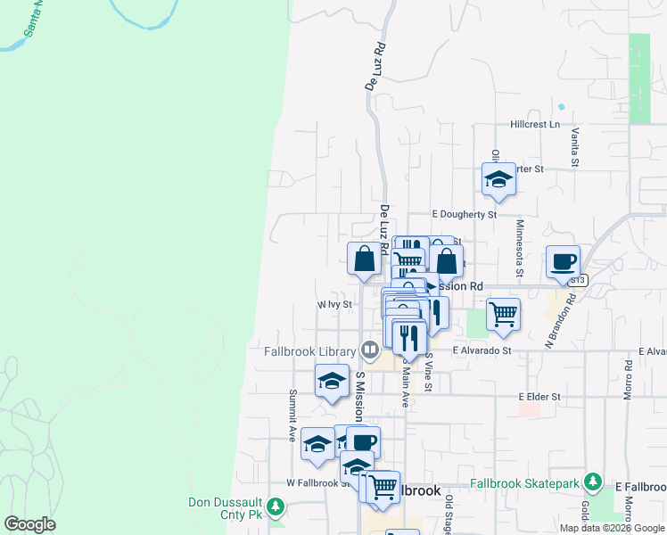 map of restaurants, bars, coffee shops, grocery stores, and more near 501 Rosvall Drive in Fallbrook