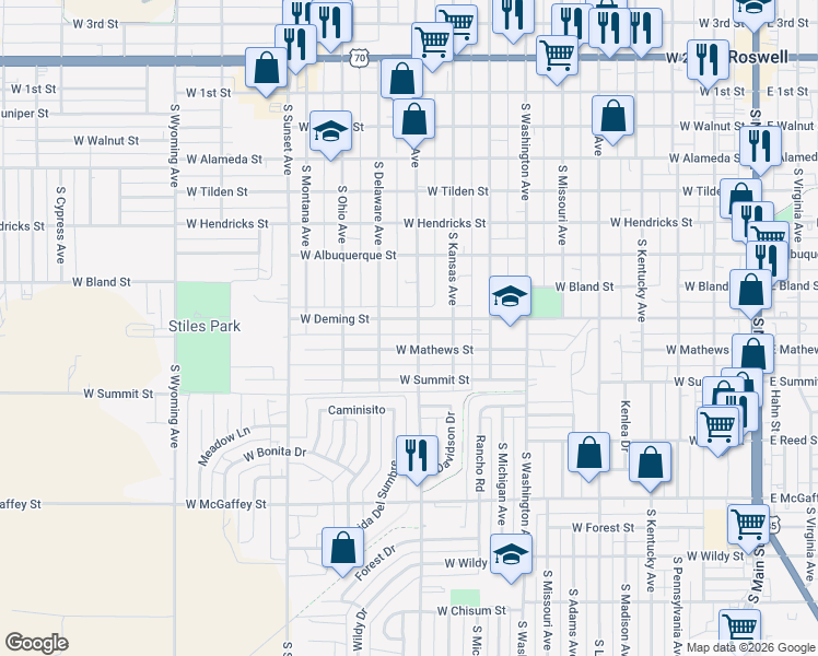 map of restaurants, bars, coffee shops, grocery stores, and more near 1004 West Deming Street in Roswell