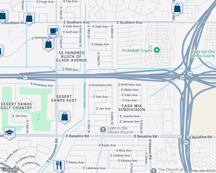 map of restaurants, bars, coffee shops, grocery stores, and more near 7929 East Inverness Avenue in Mesa