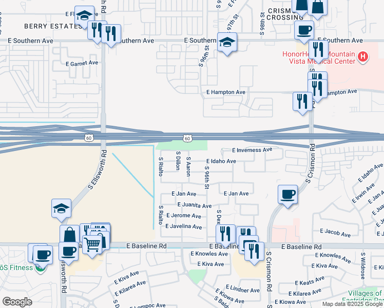 map of restaurants, bars, coffee shops, grocery stores, and more near 9525 East Inverness Circle in Mesa