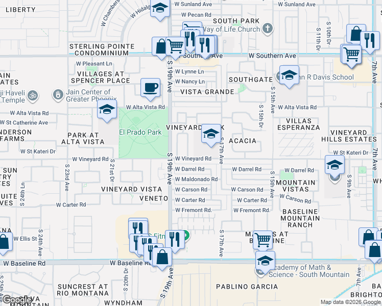map of restaurants, bars, coffee shops, grocery stores, and more near 6632 South 18th Drive in Phoenix
