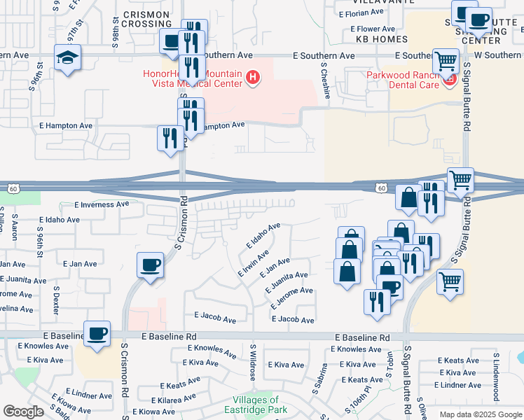 map of restaurants, bars, coffee shops, grocery stores, and more near 10219 East Isleta Avenue in Mesa