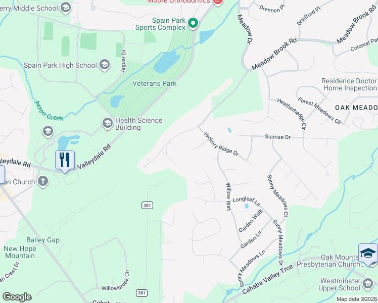map of restaurants, bars, coffee shops, grocery stores, and more near 3117 Memory Brook Circle in Birmingham