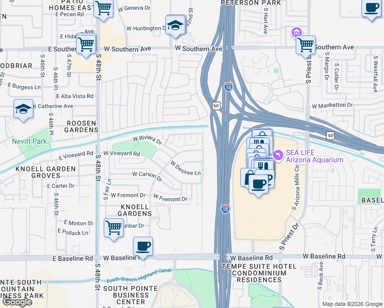 map of restaurants, bars, coffee shops, grocery stores, and more near 2031 W Riviera Dr in Tempe