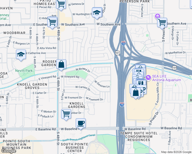 map of restaurants, bars, coffee shops, grocery stores, and more near 2201 West Riviera Drive in Tempe