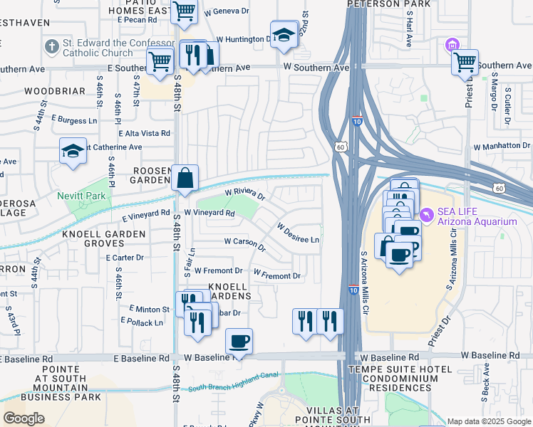 map of restaurants, bars, coffee shops, grocery stores, and more near 2365 West Garden Drive in Tempe