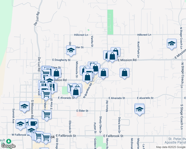 map of restaurants, bars, coffee shops, grocery stores, and more near 838 East Mission Road in Fallbrook