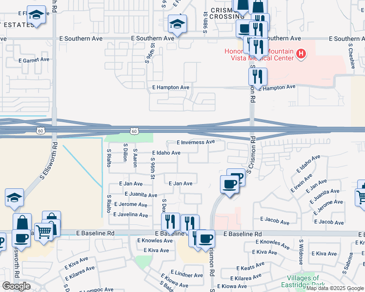 map of restaurants, bars, coffee shops, grocery stores, and more near 9715 East Inverness Avenue in Mesa