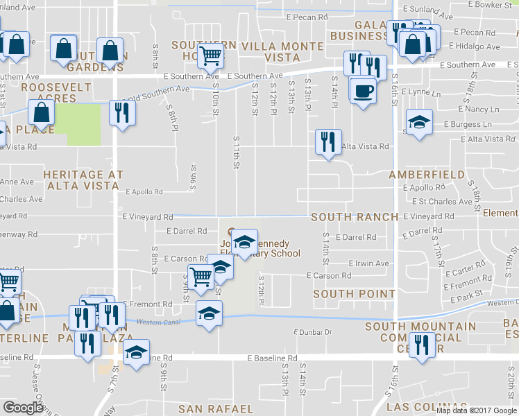 map of restaurants, bars, coffee shops, grocery stores, and more near 6641 South 12th Street in Phoenix