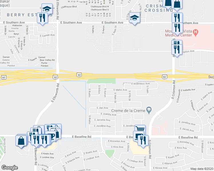 map of restaurants, bars, coffee shops, grocery stores, and more near 9525 East Inverness Circle in Mesa