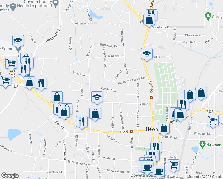 map of restaurants, bars, coffee shops, grocery stores, and more near 6 Mansour Circle in Newnan