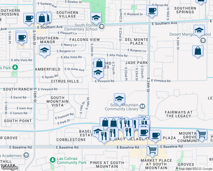 map of restaurants, bars, coffee shops, grocery stores, and more near 2041 East Vineyard Road in Phoenix