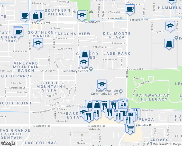 map of restaurants, bars, coffee shops, grocery stores, and more near 2041 East Vineyard Road in Phoenix