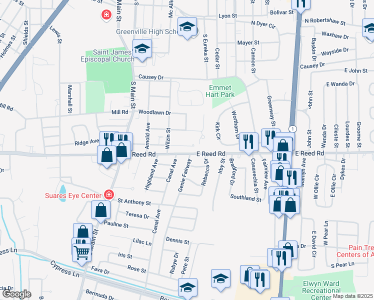 map of restaurants, bars, coffee shops, grocery stores, and more near 369 Crittenden Street in Greenville