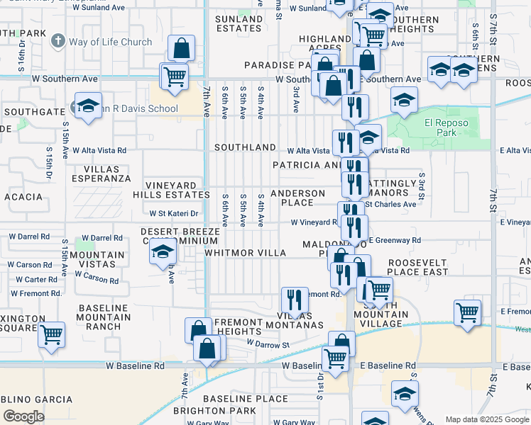 map of restaurants, bars, coffee shops, grocery stores, and more near 6633 South 4th Avenue in Phoenix
