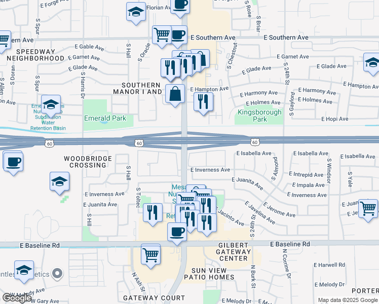map of restaurants, bars, coffee shops, grocery stores, and more near 3 East Windemere Apartment in Mesa