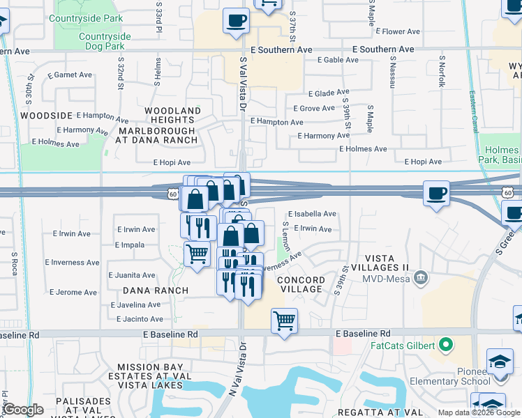 map of restaurants, bars, coffee shops, grocery stores, and more near 3636 East Inverness Avenue in Mesa