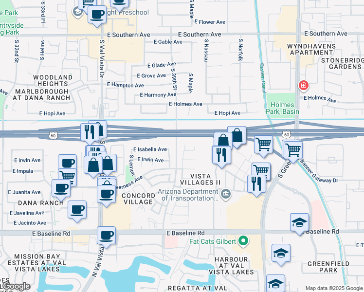 map of restaurants, bars, coffee shops, grocery stores, and more near 76 East Inverness Avenue in Mesa