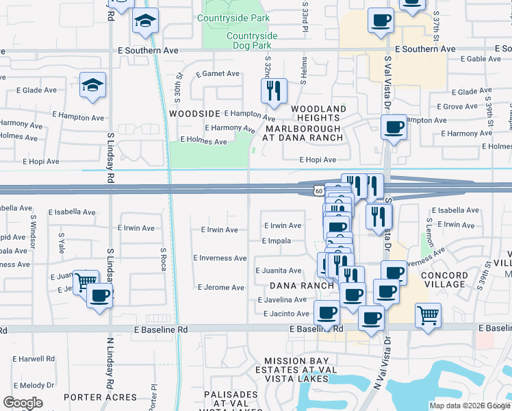 map of restaurants, bars, coffee shops, grocery stores, and more near 1644 South Creston in Mesa