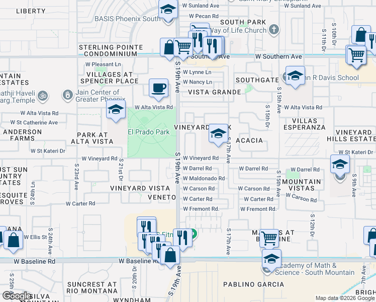 map of restaurants, bars, coffee shops, grocery stores, and more near 6632 South 18th Drive in Phoenix