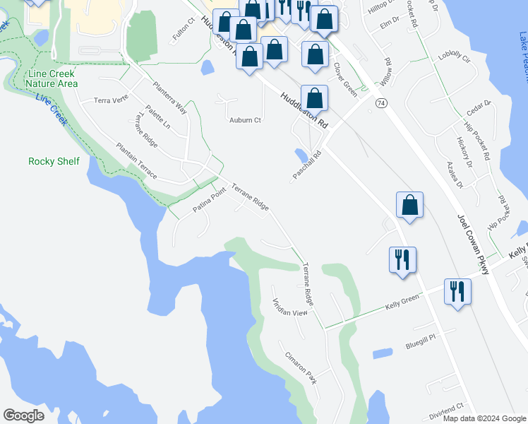 map of restaurants, bars, coffee shops, grocery stores, and more near 227 Terrane Ridge in Peachtree City