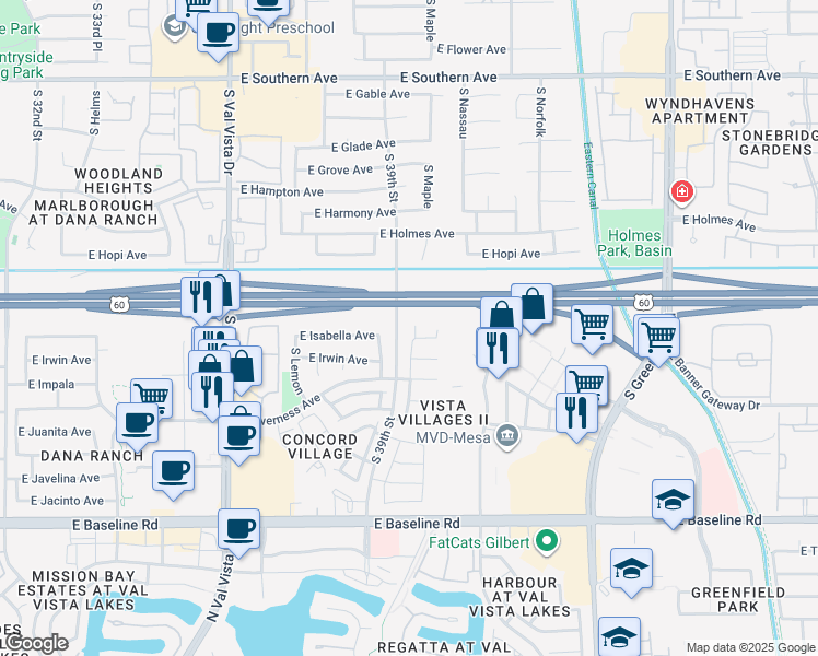 map of restaurants, bars, coffee shops, grocery stores, and more near 76 East Inverness Avenue in Mesa