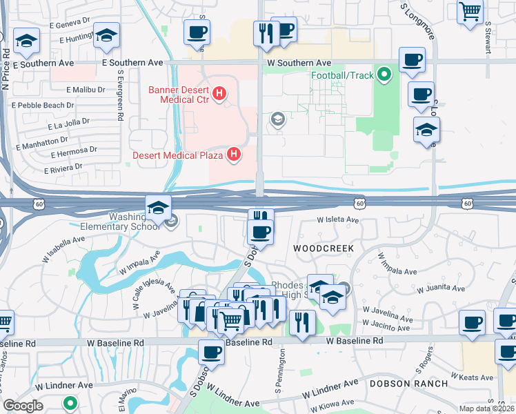 map of restaurants, bars, coffee shops, grocery stores, and more near South Dobson Road in Mesa