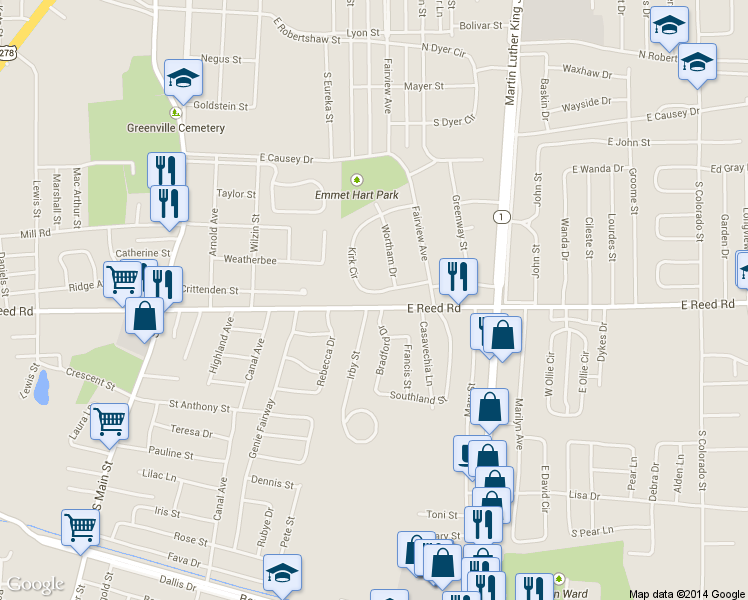 map of restaurants, bars, coffee shops, grocery stores, and more near 1265 Kirk Circle in Greenville