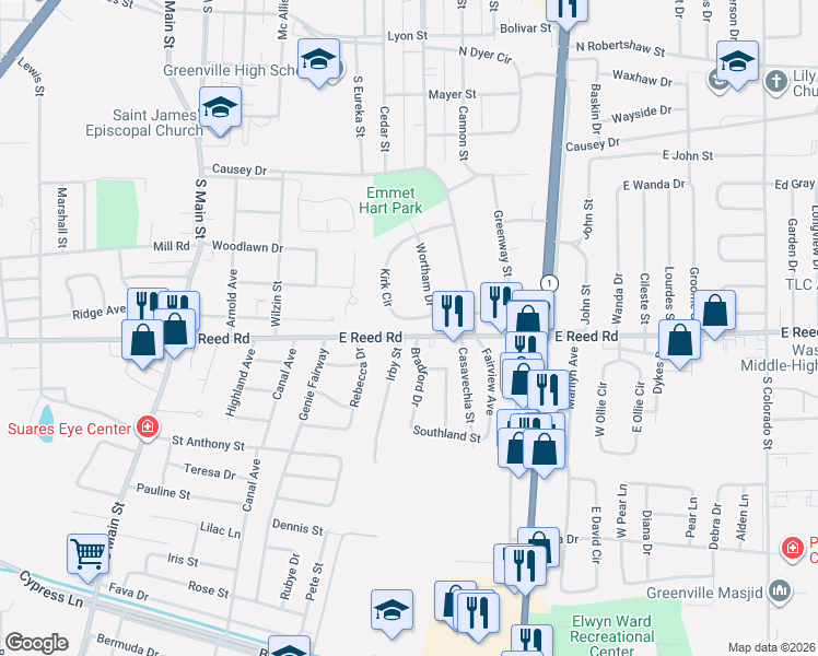 map of restaurants, bars, coffee shops, grocery stores, and more near 1265 Kirk Circle in Greenville