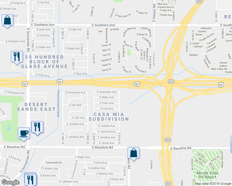 map of restaurants, bars, coffee shops, grocery stores, and more near 8131 East Inverness Avenue in Mesa