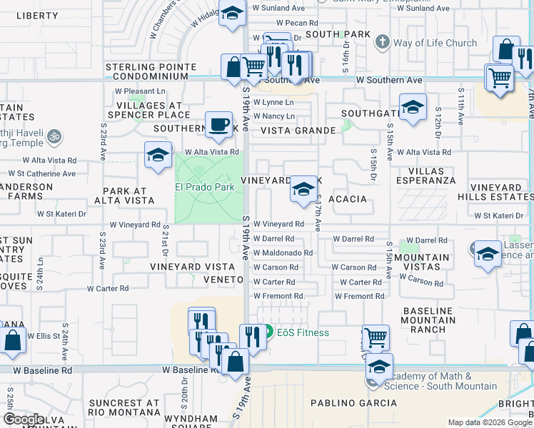 map of restaurants, bars, coffee shops, grocery stores, and more near 6632 South 18th Drive in Phoenix