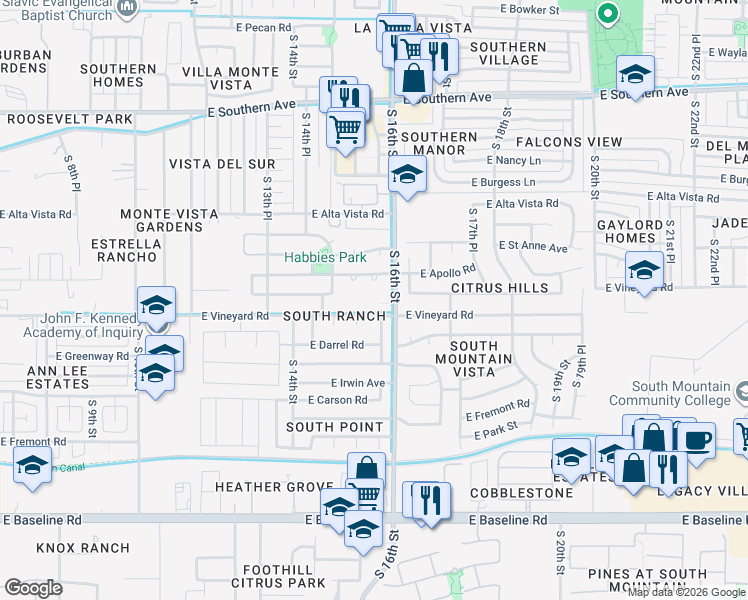 map of restaurants, bars, coffee shops, grocery stores, and more near 6642 South 16th Street in Phoenix