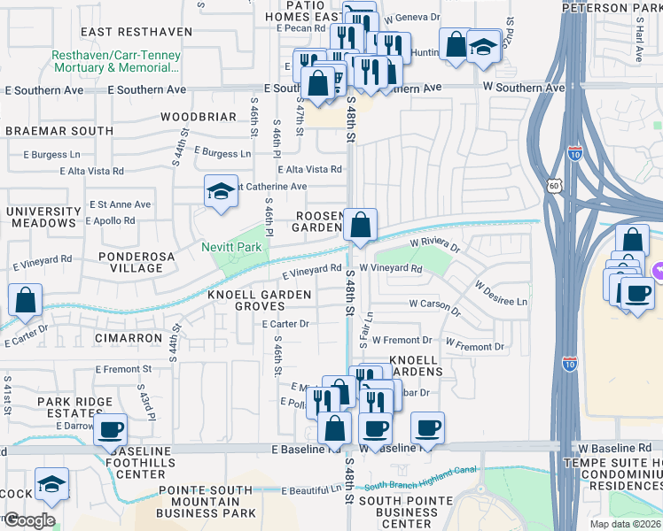 map of restaurants, bars, coffee shops, grocery stores, and more near 4710 East Vineyard Road in Phoenix