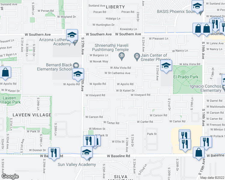 map of restaurants, bars, coffee shops, grocery stores, and more near 2417 West Saint Kateri Drive in Phoenix