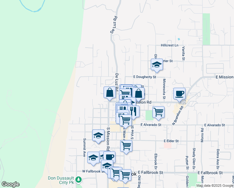 map of restaurants, bars, coffee shops, grocery stores, and more near De Luz Road & West Kalmia Street in Fallbrook