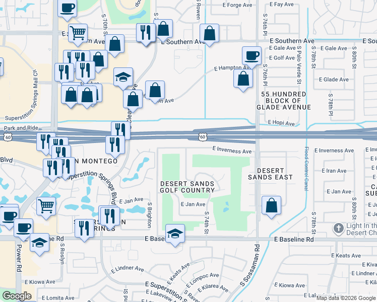 map of restaurants, bars, coffee shops, grocery stores, and more near 7401 East Inverness Avenue in Mesa