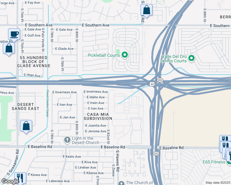 map of restaurants, bars, coffee shops, grocery stores, and more near 8218 East Inverness Avenue in Mesa