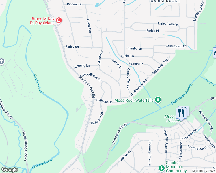 map of restaurants, bars, coffee shops, grocery stores, and more near 2154 Woodledge Drive in Birmingham