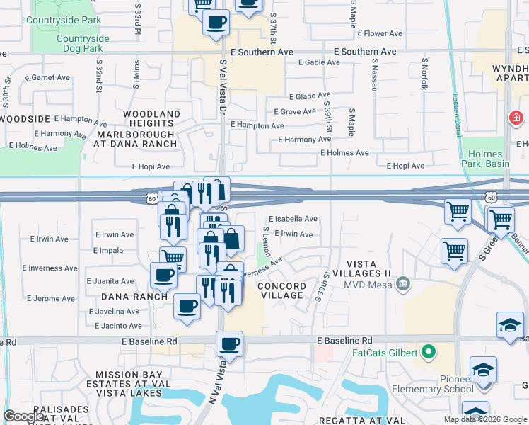 map of restaurants, bars, coffee shops, grocery stores, and more near 1622 South Lemon in Mesa