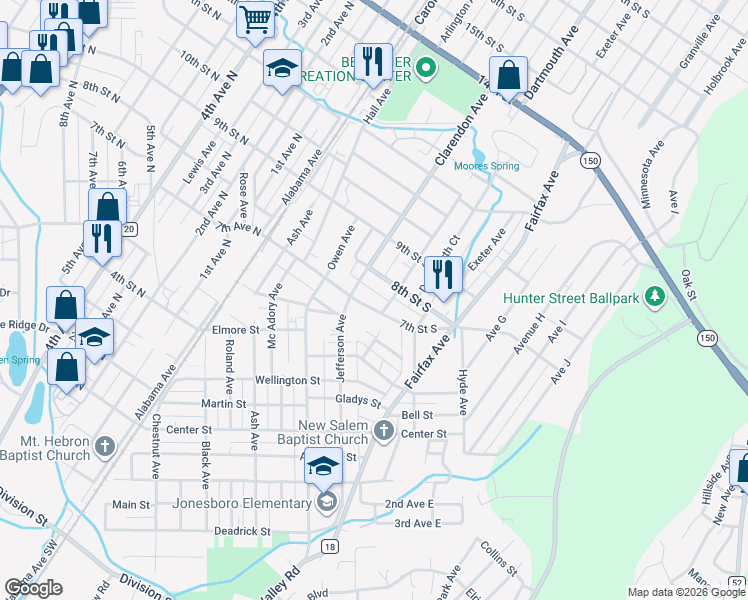 map of restaurants, bars, coffee shops, grocery stores, and more near 411 7th Street South in Bessemer