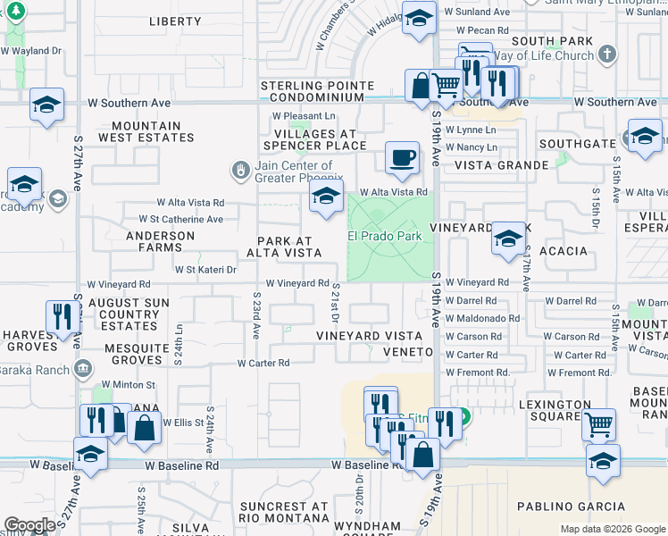 map of restaurants, bars, coffee shops, grocery stores, and more near 2101 West Saint Charles Avenue in Phoenix