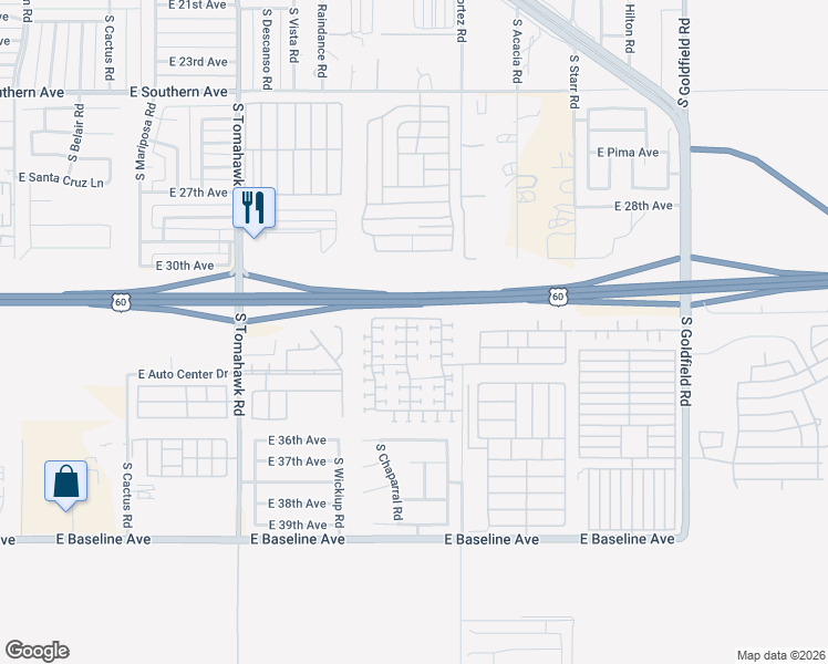 map of restaurants, bars, coffee shops, grocery stores, and more near 3259 South Bowman Road in Apache Junction